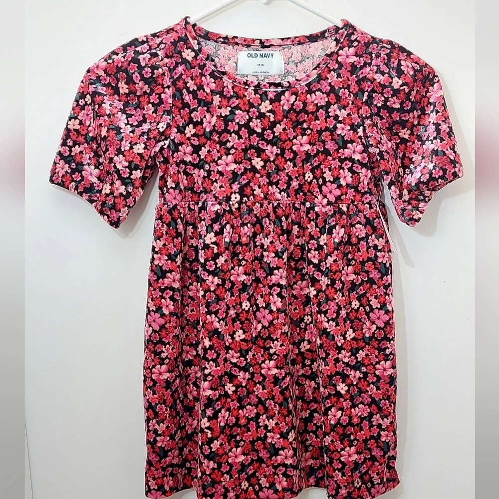 Old Navy Girl's Size XS 5 Puff Sleeve Dress Velour Cozy Black Red Pink